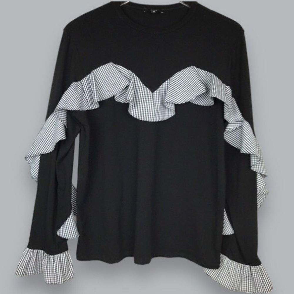 Anthropologie DREW Black Gingham Ruffle Top size small